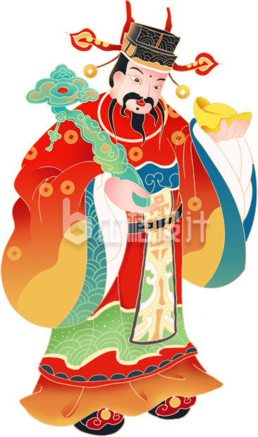 橙色手绘风迎财神插画新年习俗