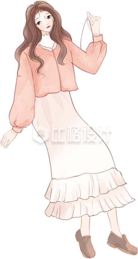 粉色手绘风女孩插画