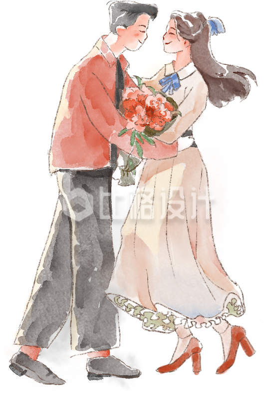 粉色手绘风情人节情侣约会插画