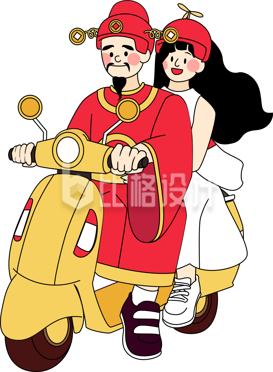 红色手绘风情侣情人节迎财神插画