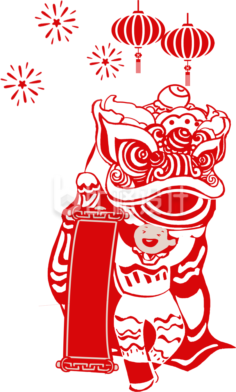 红色手绘风舞狮习俗插画