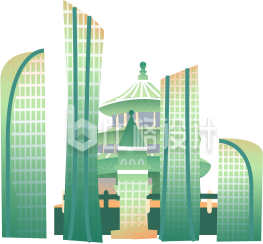 绿色手绘风现代城市建筑房地产插画