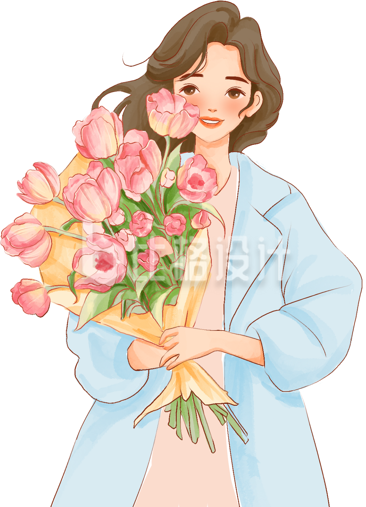 蓝色手绘风女孩郁金香花束插画 蓝色手绘风女孩郁金香花束插画