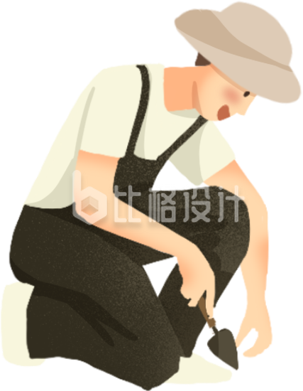 黄色手绘风男生植树插画