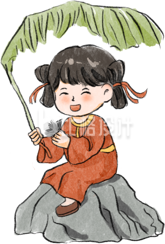 橙色手绘古风女孩芭蕉插画