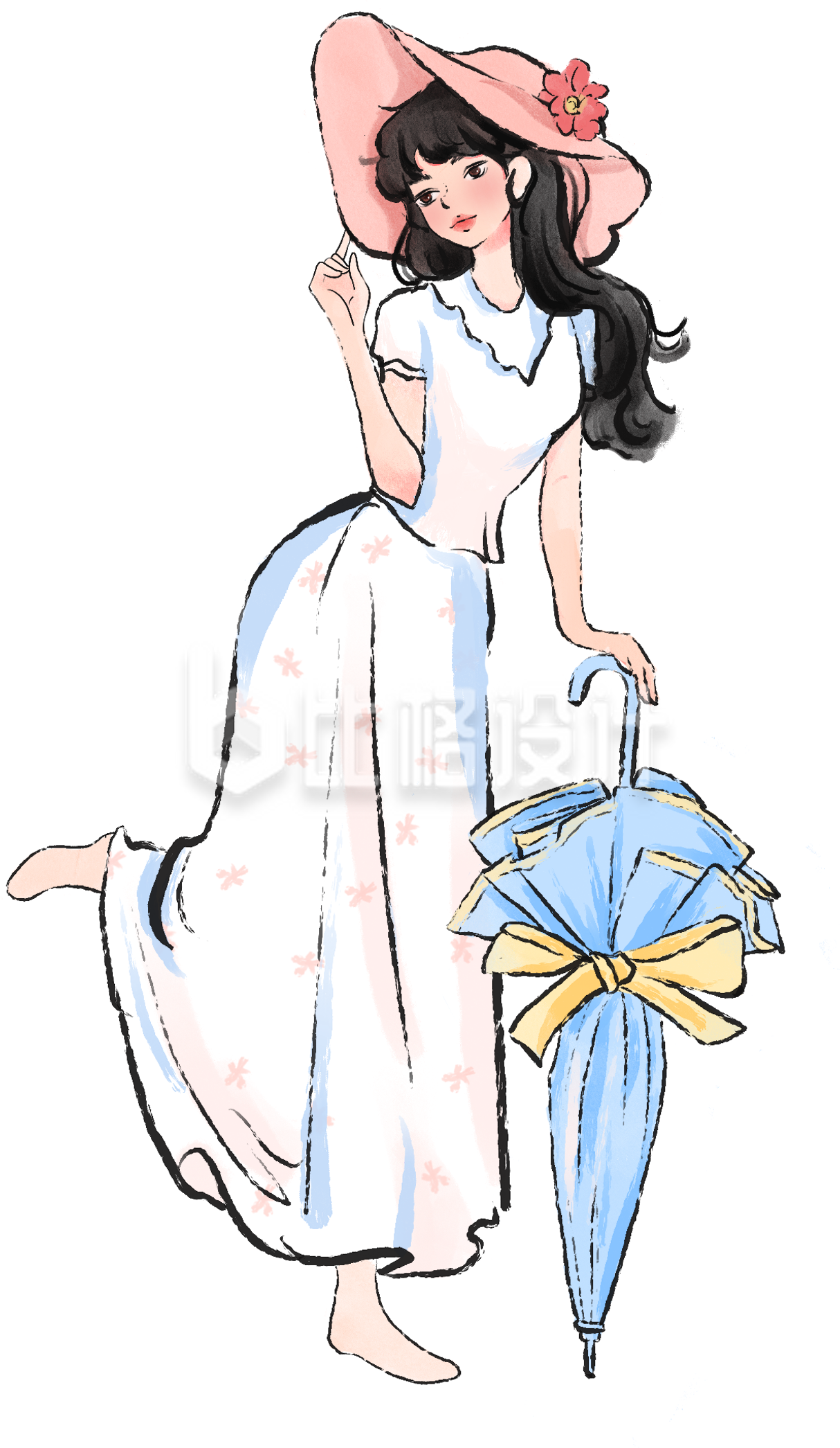 粉色手绘风女孩插画妇女节