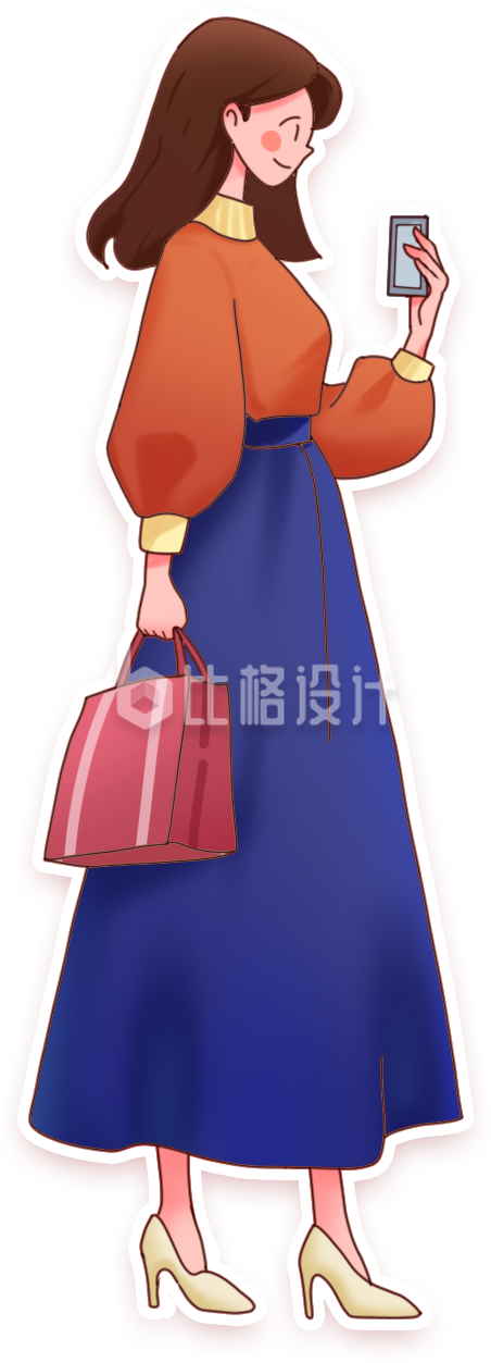 蓝色手绘风女孩购物插画妇女节促销