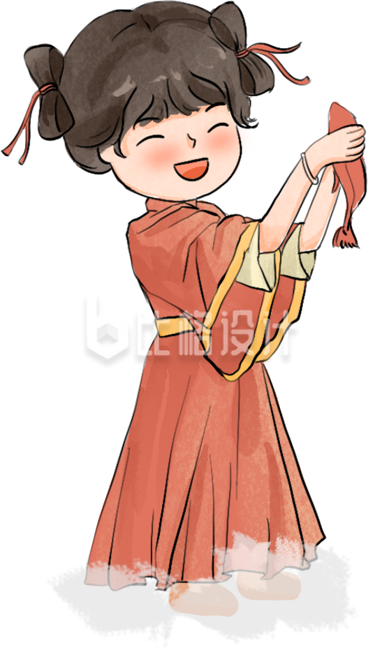 红色手绘风中国风女孩捉鱼插画