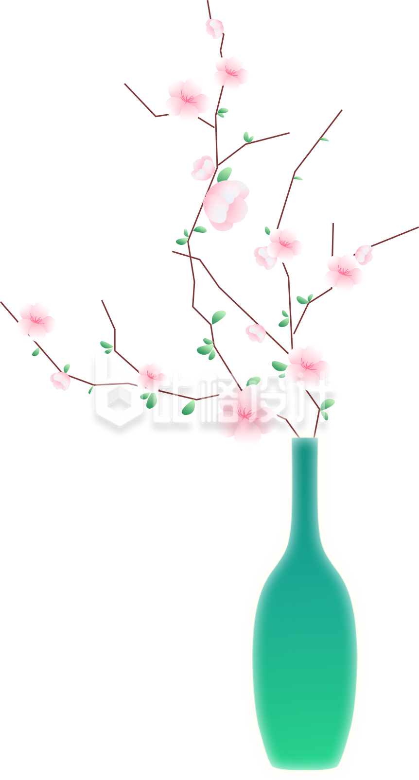 绿色手绘风桃花花瓶插画