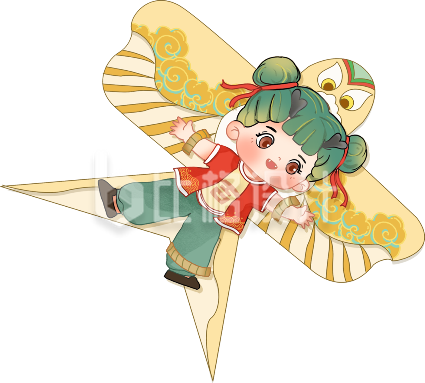 黄色手绘风纸鸢女孩插画春天 黄色手绘风纸鸢女孩插画春天