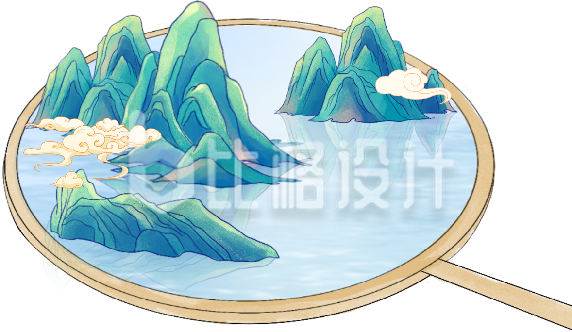 绿色手绘风扇子插画山水