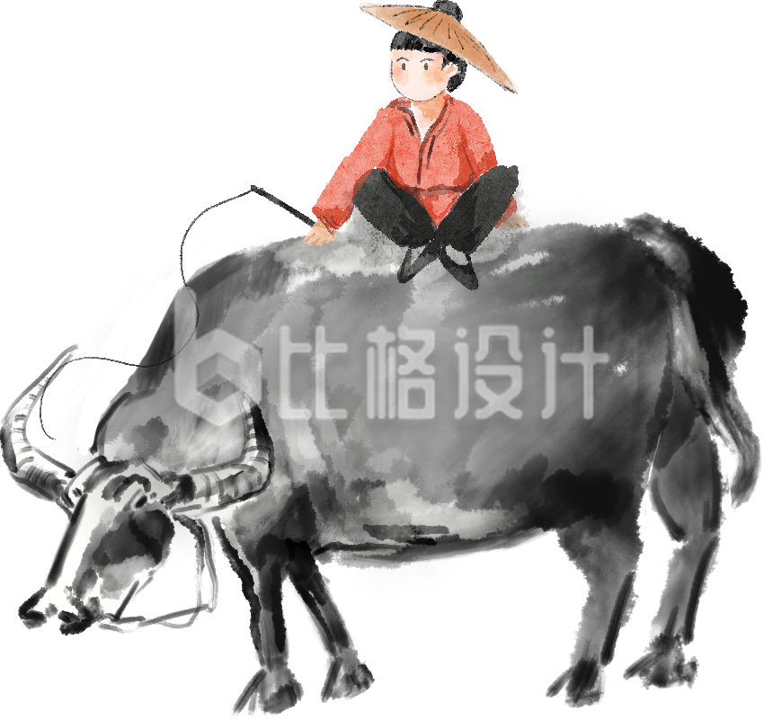 灰色手绘风清明节牧童插画 灰色手绘风清明节牧童插画