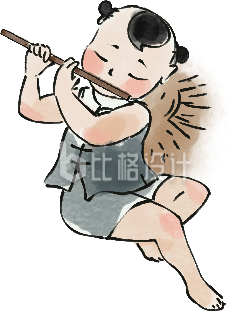 蓝色手绘风牧童插画