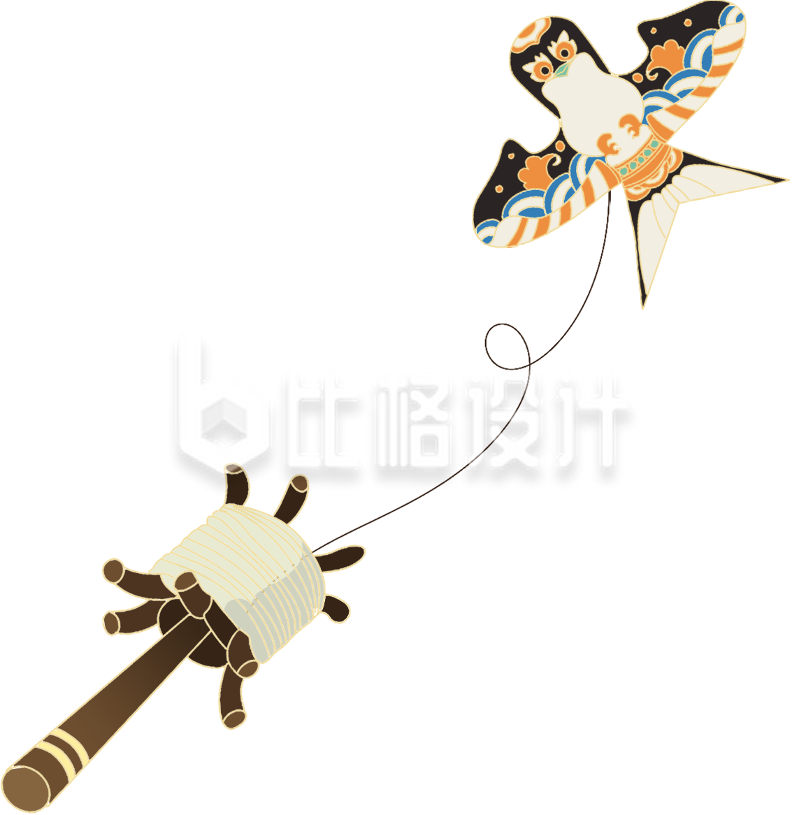 黑色手绘风传统纸鸢风筝插画