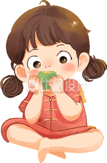 红色手绘风可爱女孩插画青团清明节