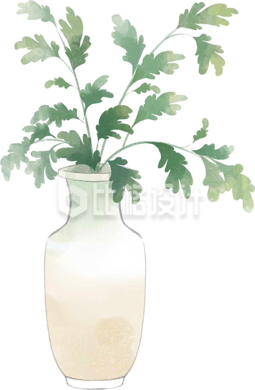 绿色手绘风艾草花瓶插画