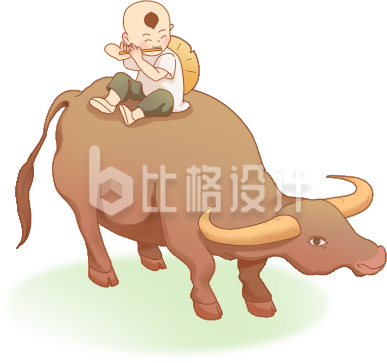 黄色手绘风黄牛牧童插画