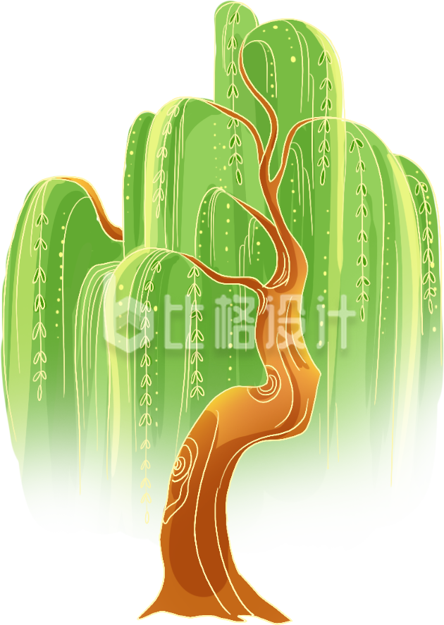 绿色手绘风柳树柳条春天插画 绿色手绘风柳树柳条春天插画
