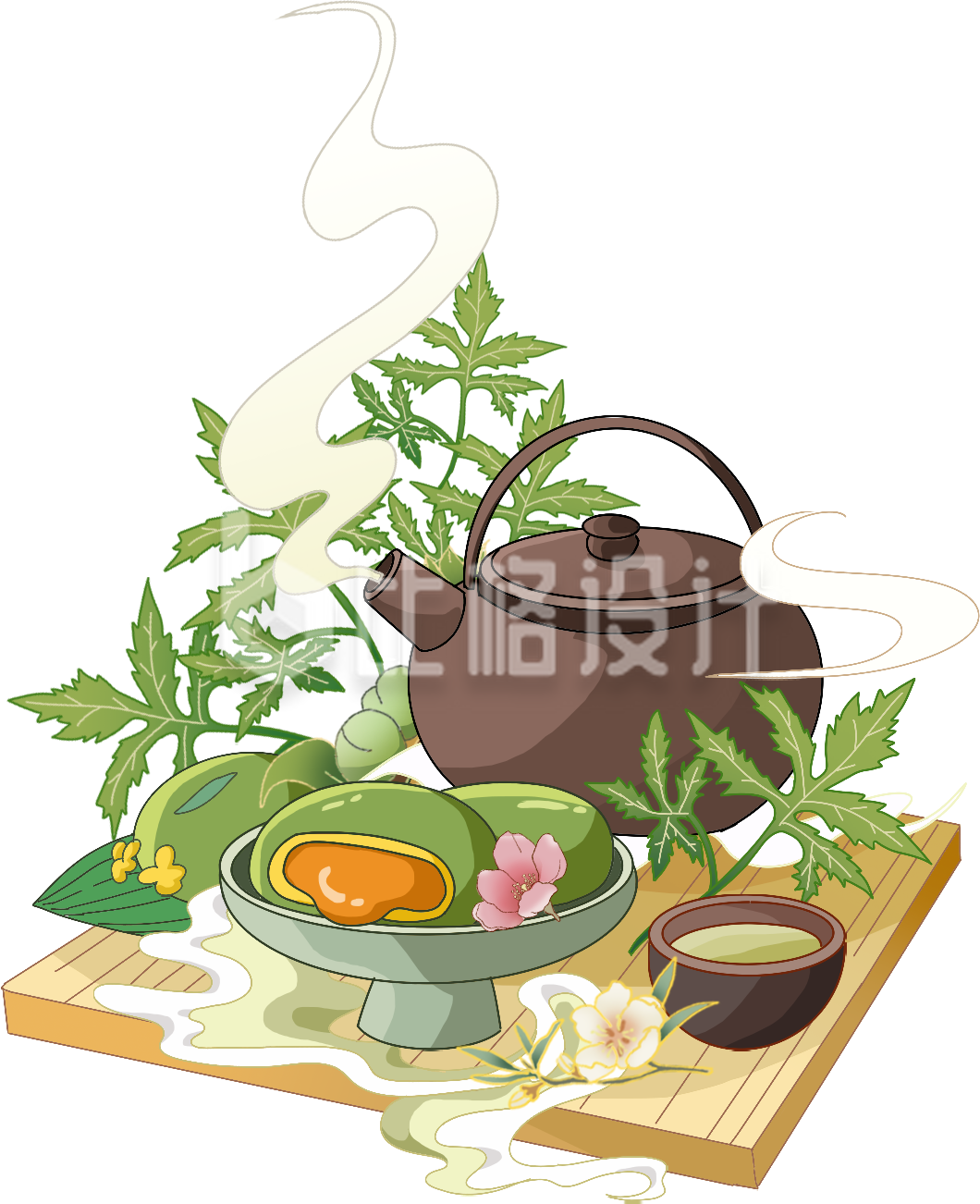 绿色手绘风清明下午茶插画