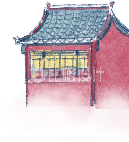 红色手绘风古风房屋建筑插画 红色手绘风古风房屋建筑插画