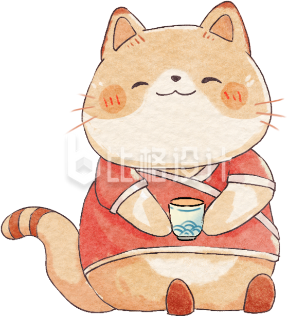 黄色手绘风猫咪喝茶插画