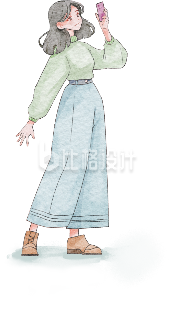 绿色手绘风女孩拍照插画