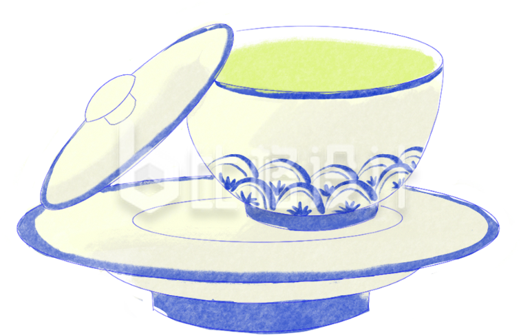 蓝色手绘风盖碗茶插画