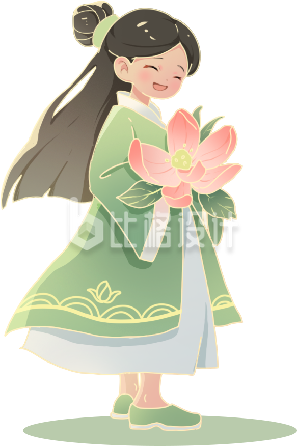 绿色手绘风女孩插画