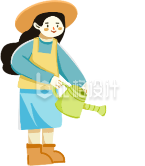 蓝色手绘风女生浇水插画