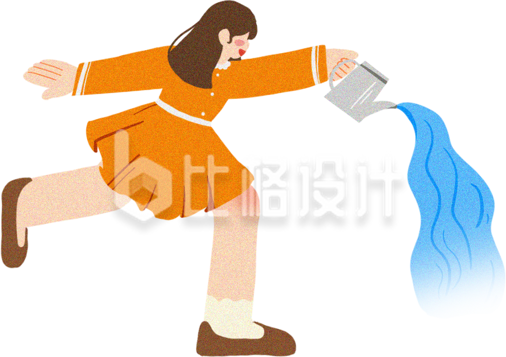 黄色手绘风女孩浇水植树节插画
