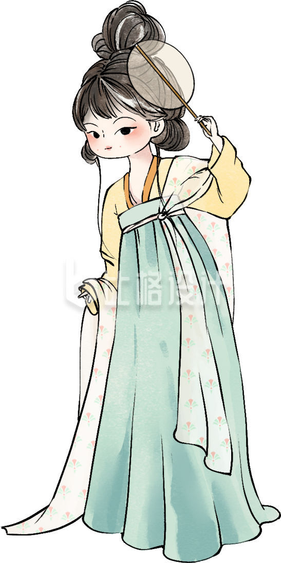 绿色手绘风古风女生插画