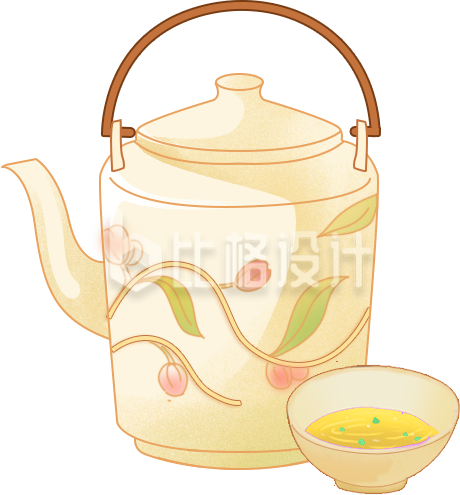 黄色手绘风茶壶茶具插画