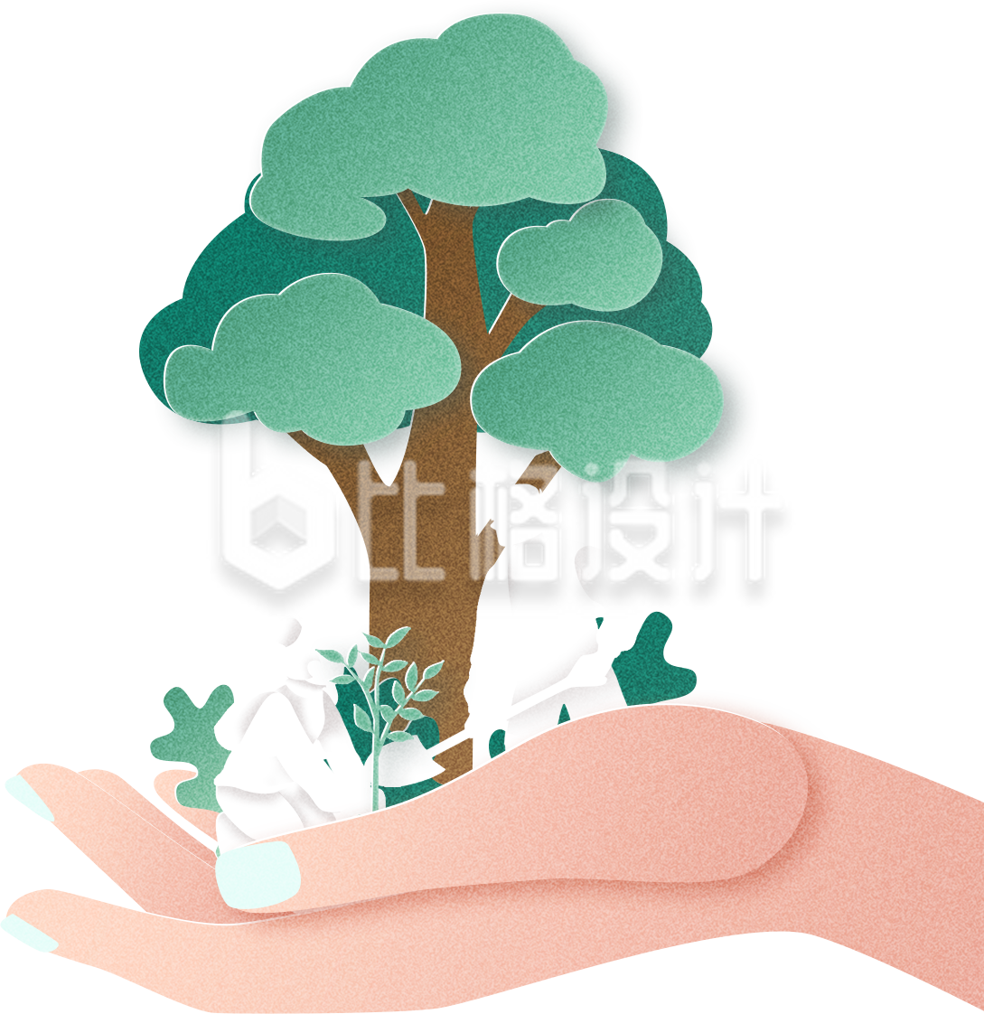 绿色手绘风大树植树节插画