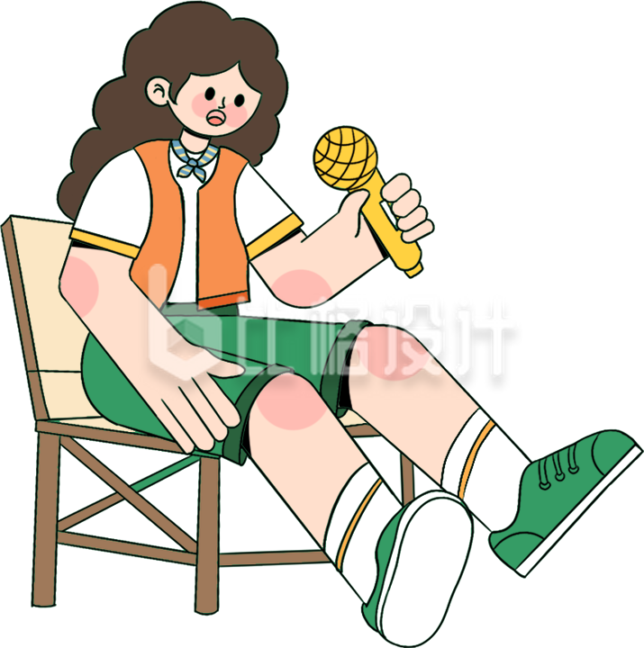绿色扁平风女生唱歌插画