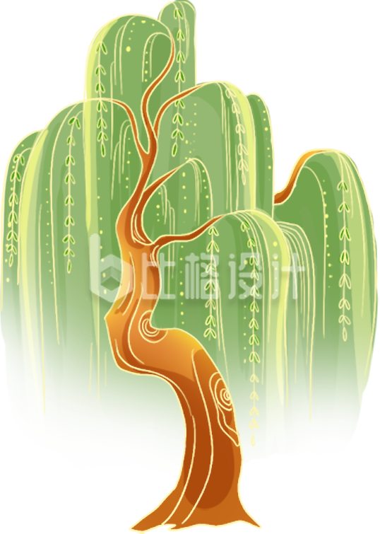绿色手绘风传统古风柳树插画