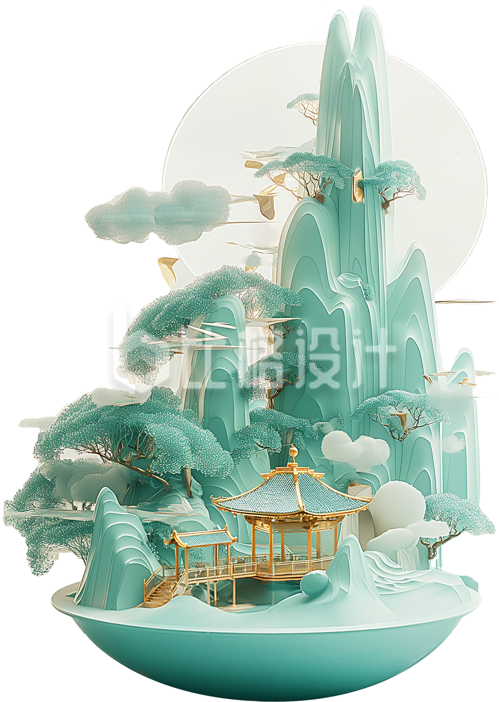 绿色立体玉雕山水场景
