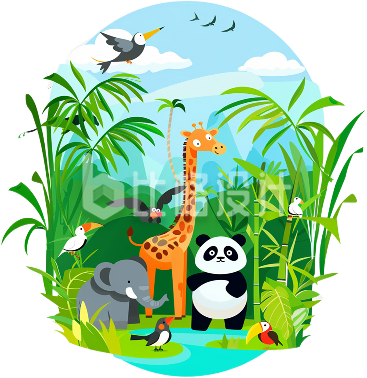 长颈鹿，熊猫，大象珍稀动物组合插图