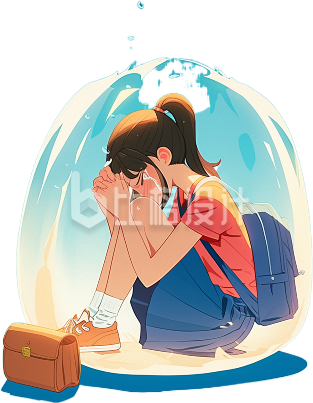 背着书包的小女孩双手抱膝哭泣