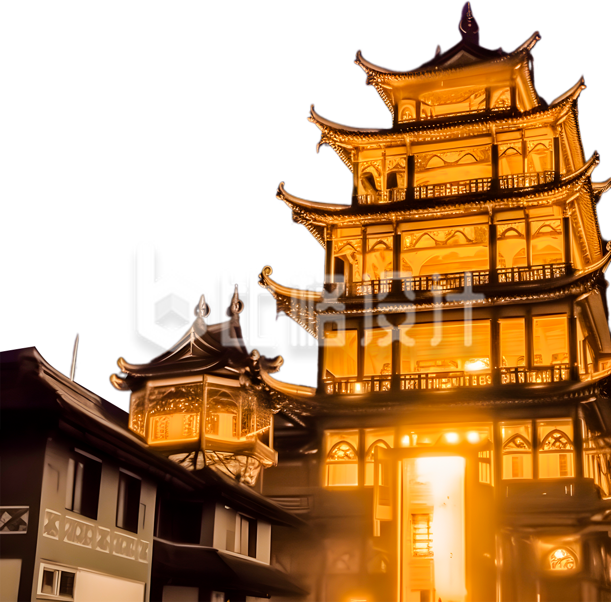 一幢灯火通明的城楼建筑