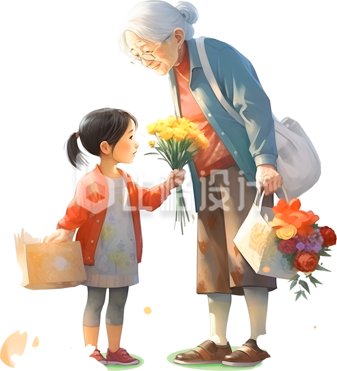 小女孩送老奶奶一束花