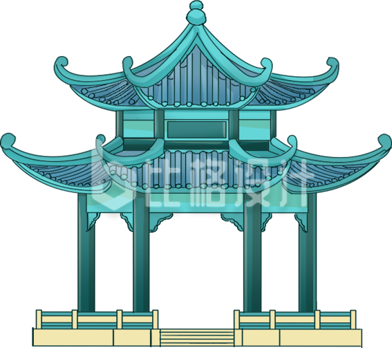 蓝色手绘风传统建筑亭子插画