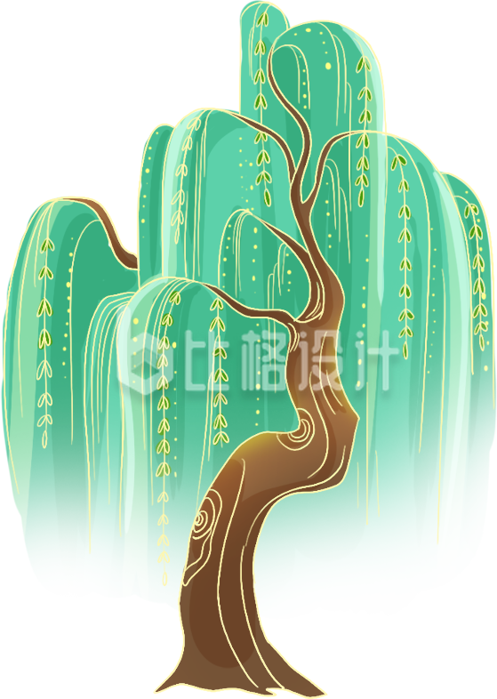绿色手绘风中国风柳树插画春天