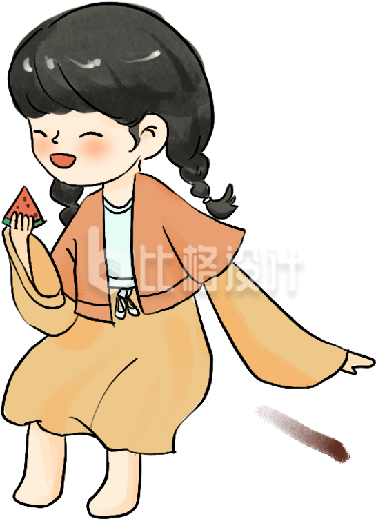 黄色手绘风可爱女孩插画夏季西瓜