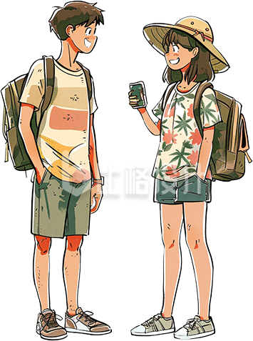 黄色手绘风男生女生旅游插画