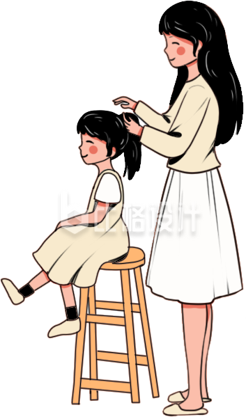 白色手绘风梳头母亲节插画