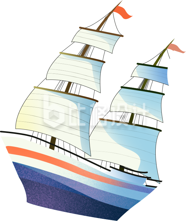 蓝色手绘风帆船插画