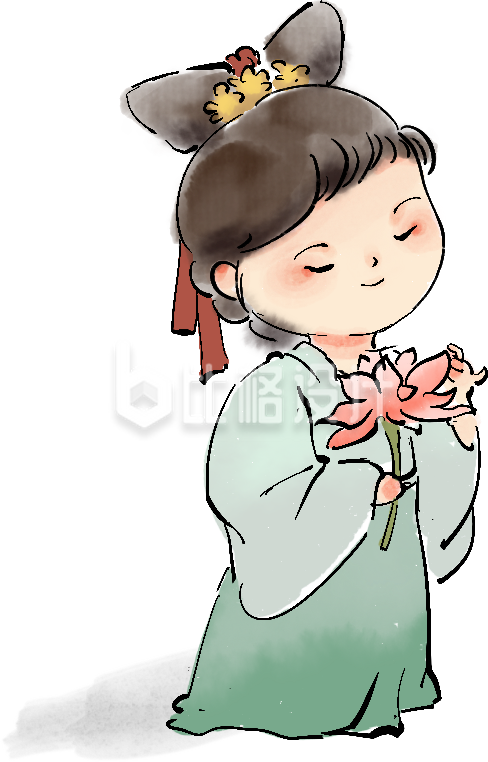 绿色手绘风女孩插画