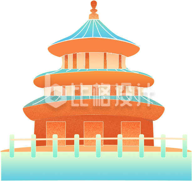 黄色手绘风传统建筑塔