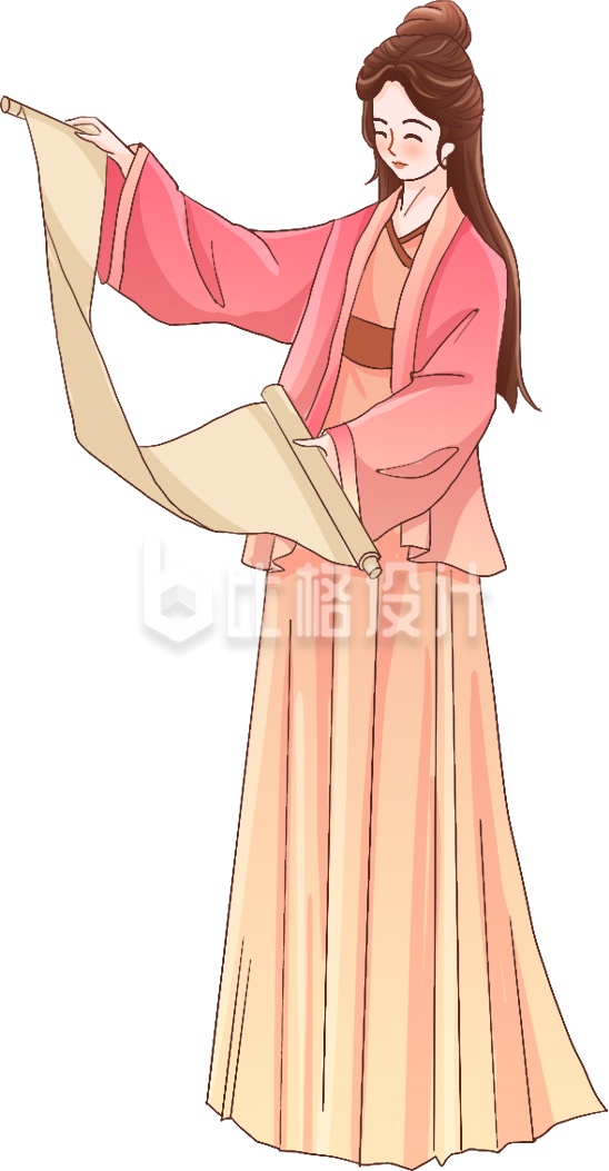 红色中国风女生卷轴插画