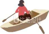 黄色手绘风女生划船插画